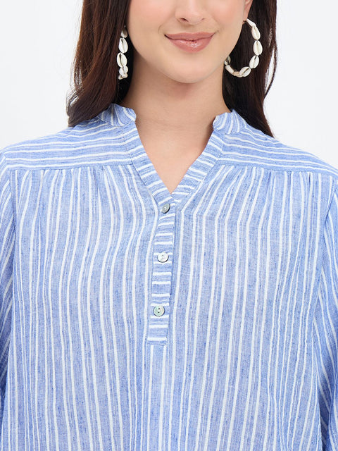 Madame Blue Striped Mandarin Top