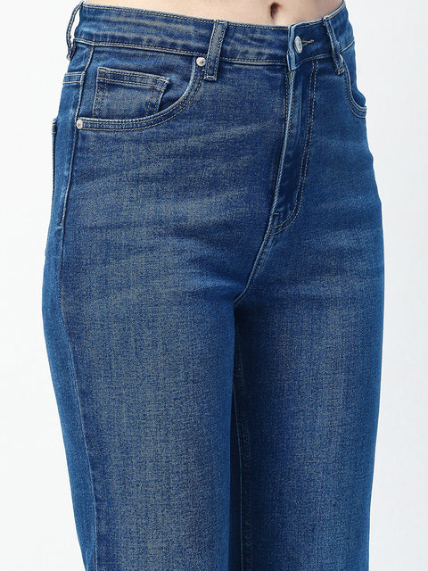 Madame Whiskered Straight Fit Dark Blue Cotton Blend Jeans