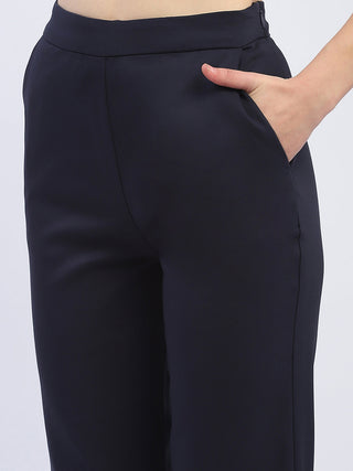 Madame Solid Navy Blue Straight Fit Trousers