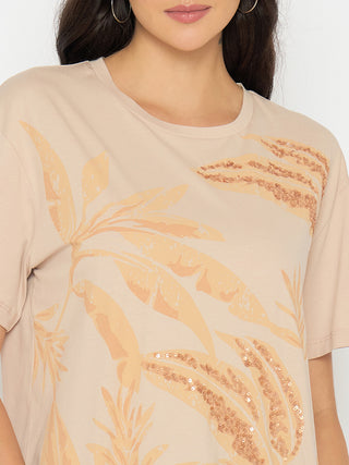 Madame Botanical Print Beige Cotton T-shirt