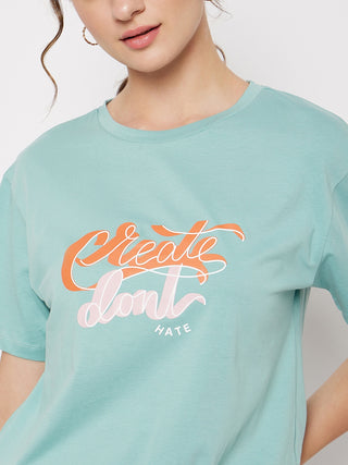 Madame Crew Neck Green Printed T-Shirt