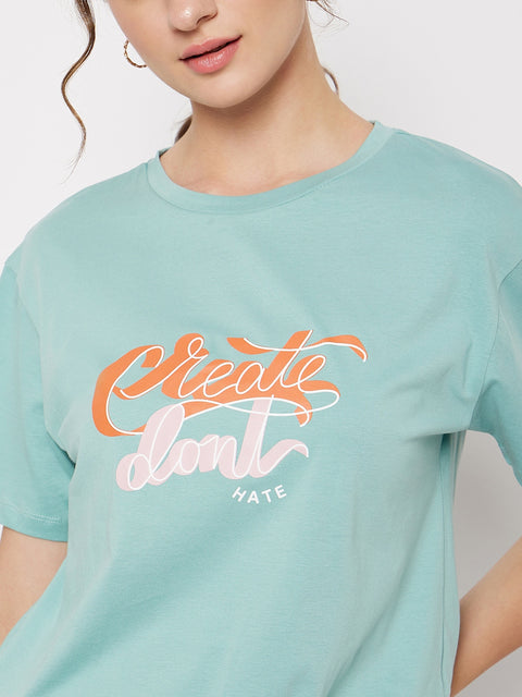 Madame Crew Neck Green Printed T-Shirt