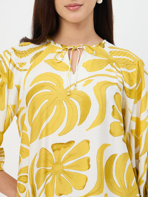Madame Yellow Leaf Print Rayon Midi Dress