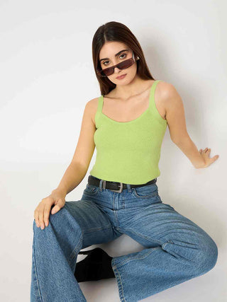 Madame Sleeveless Solid Green Ribbed Knit Sweater