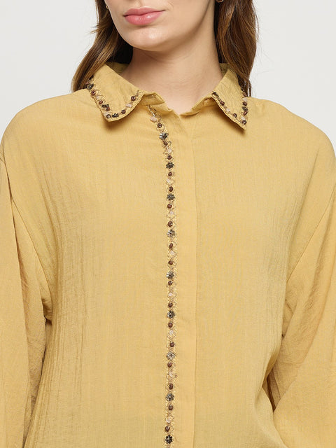 Madame Yellow Embellished Rayon Full Sleeve Shirt