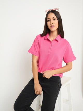 Madame Cotton Blend Solid Pink Polo T-shirt