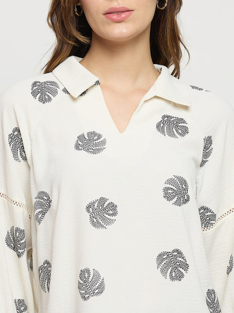 Madame Off White Printed Collar Puff Sleeve Top
