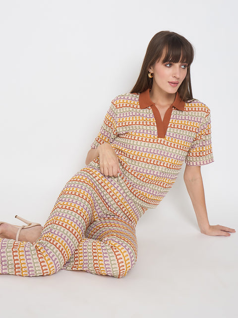 Madame Geometric Pattern Polo Top and Flared Pants Brown Co-ord Set