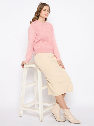 Madame Cable Knit Solid Peach Sweater