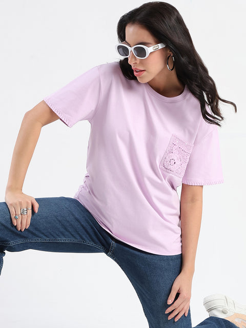 Madame Pocket Detailed Solid Mauve Cotton Blend T-shirt