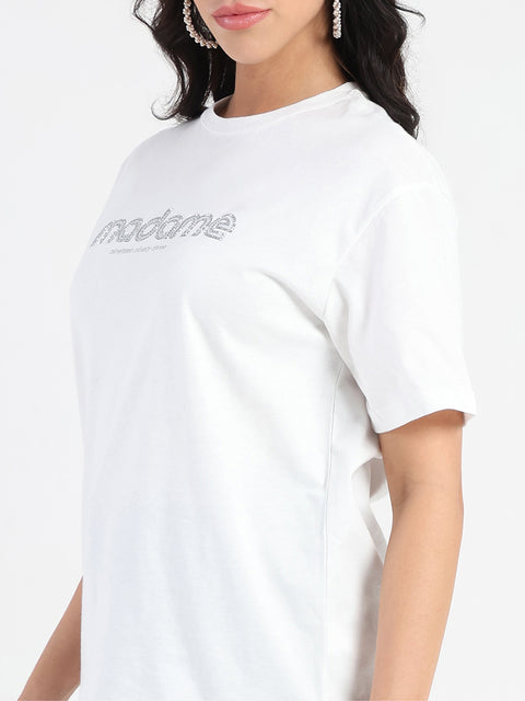 Madame Swarovski and Print Sticker White Cotton T-shirt