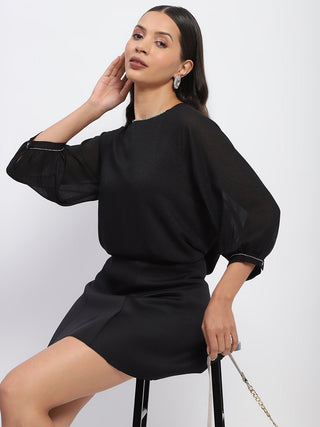 Madame Embellished Puffed Sleeve Black Top