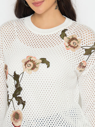 Madame Embroidered Semi Sheer Off White Knitted Top