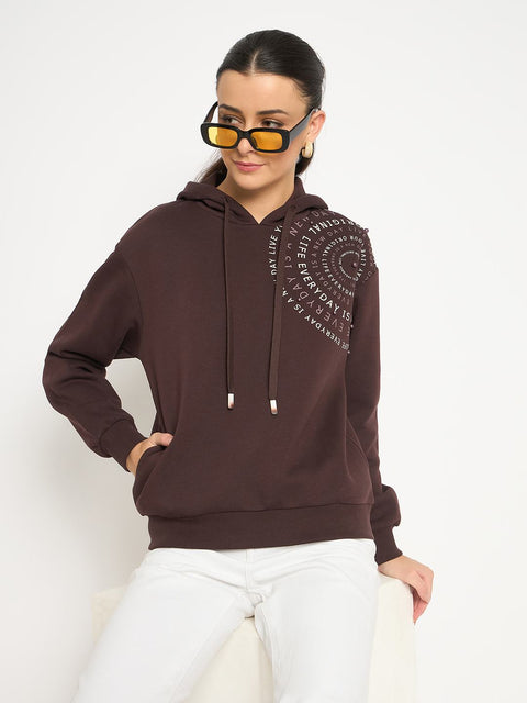Madame Placement Printed Pearl Detailed Brown Sweatshirt