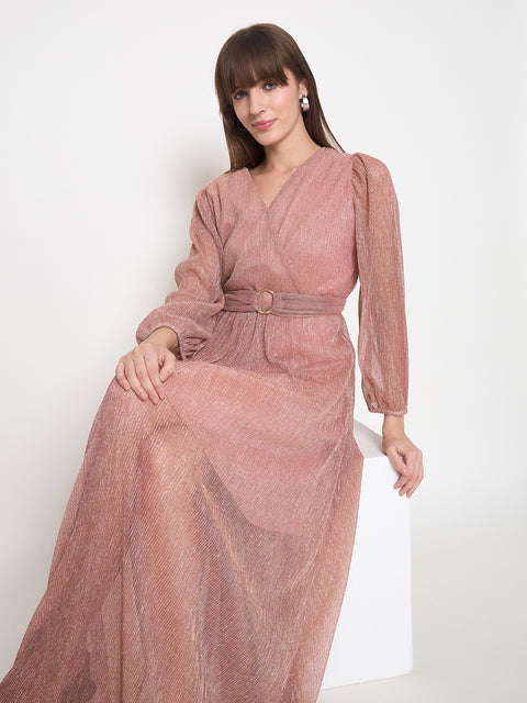 Madame Pliss Self Design Belted Rose Gold Flared Maxi Dress