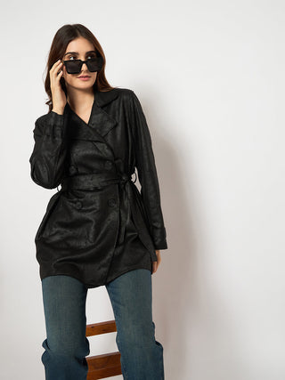 Madame Double Breasted Belted Solid Black Trench Coat