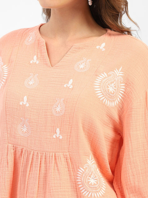 Madame Balloon Sleeve Peach Chikankari Work Top