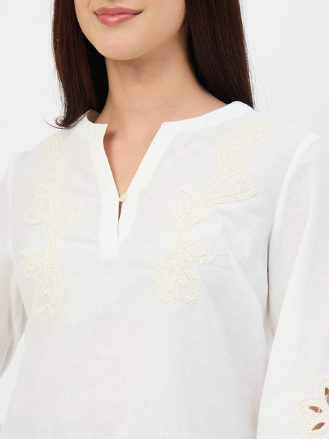 Madame White Embroidered Cotton-Linen Tunic Top