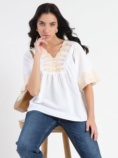 Madame Embroidered Detail Off White Viscose Blend Top
