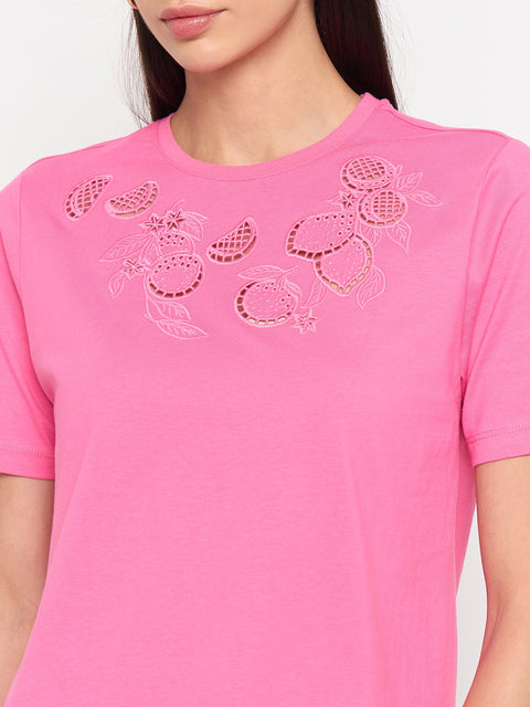 Madame Pink Cotton Half-Sleeve T-Shirt