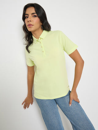 Madame Lime Yellow Cotton Blend Polo T-Shirt