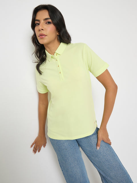 Madame Lime Yellow Cotton Blend Polo T-Shirt