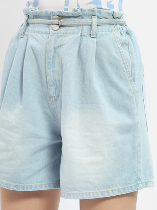 Madame Belted Waist Light Blue Denim Shorts