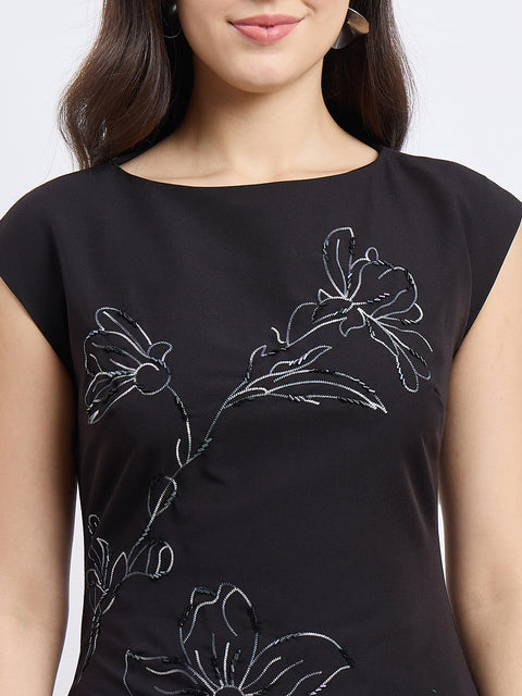Madame Embroidered Black Bodycon Dress