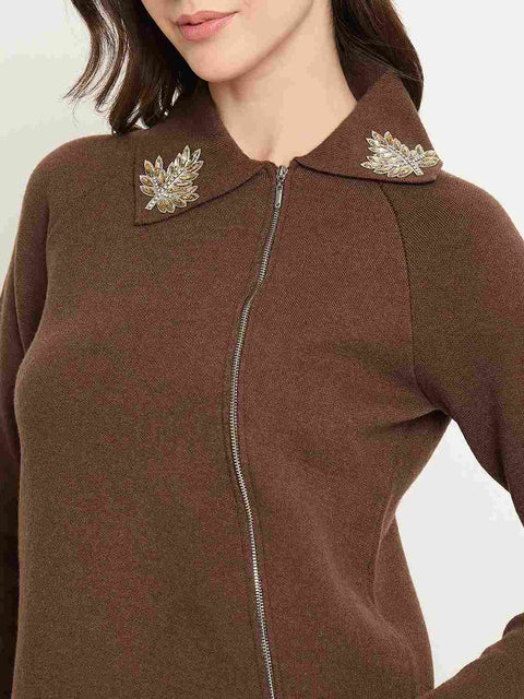 Madame Embroidered Collar Asymmetric Brown Sweater