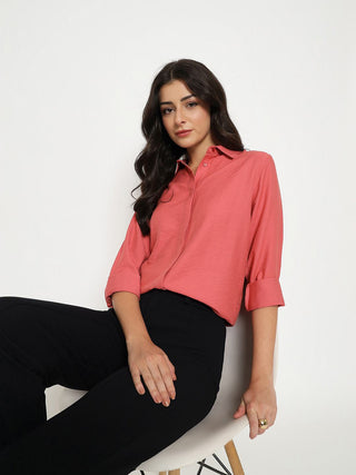 Madame Textured Solid Brick Red Rayon Blend Shirt