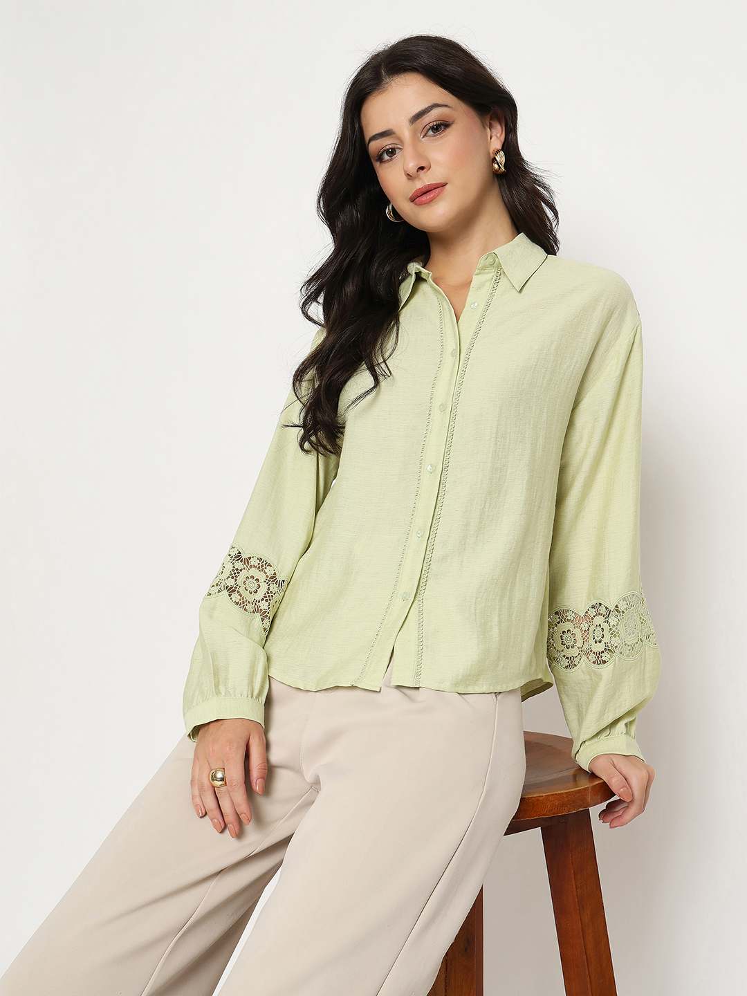 Madame Floral Lace Insertion Green Rayon Blend Shirt color swatch