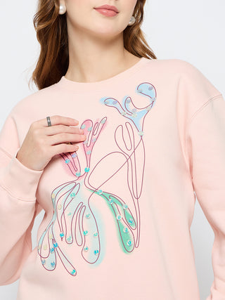 Madame Embellished Print Cotton Blend Peach Sweatshirt