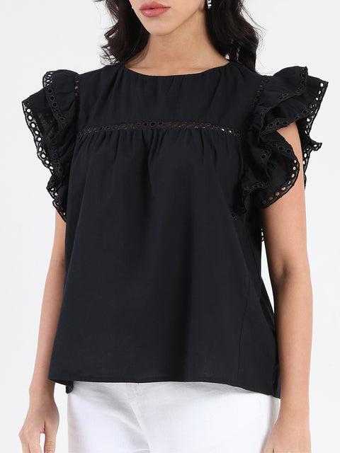 Madame Lace Inserted Black Cotton Top
