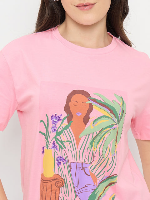 Madame Pink Graphic Print Cotton Round Neck T-Shirt