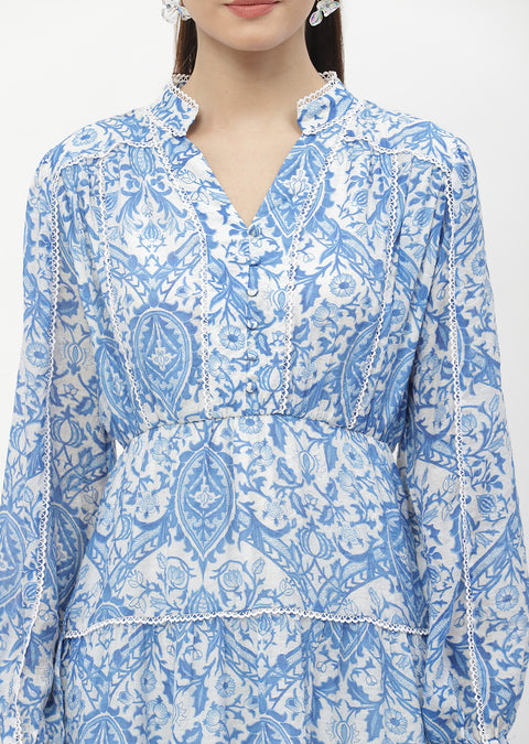 Madame Tiered Lace Detailed Blue Mini Dress