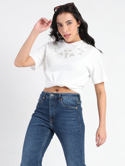 Madame Embroidered Round Neck White Cotton Lycra T-shirt