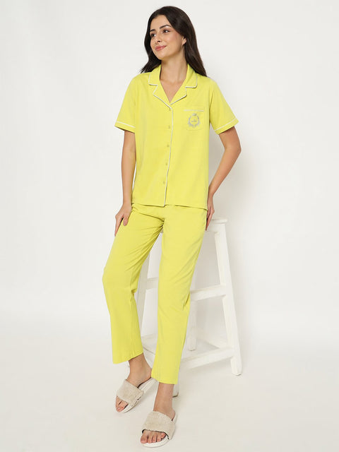 mSECRET Embossed Top and Bottom Lime Yellow Cotton Night Suit