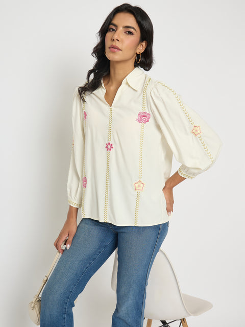 Madame Off White Viscose Blend Floral Embroidered Shirt
