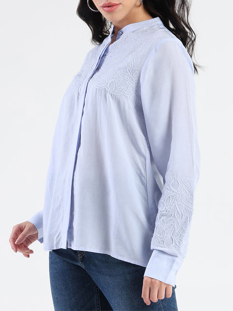 Madame Tencel Blend Embroidery Detail Blue Shirt