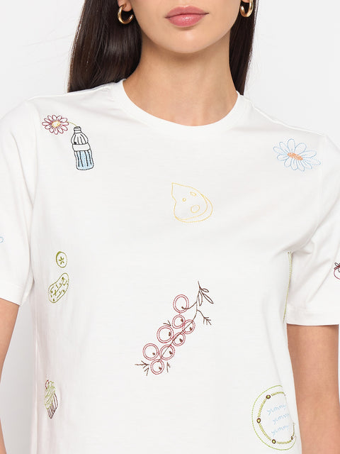 Madame White Printed Cotton Half-Sleeve T-Shirt