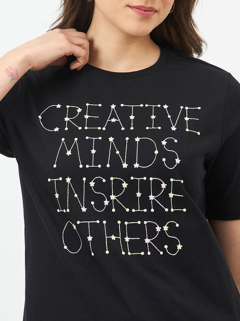 Madame Black Printed Cotton Half-Sleeve T-Shirt
