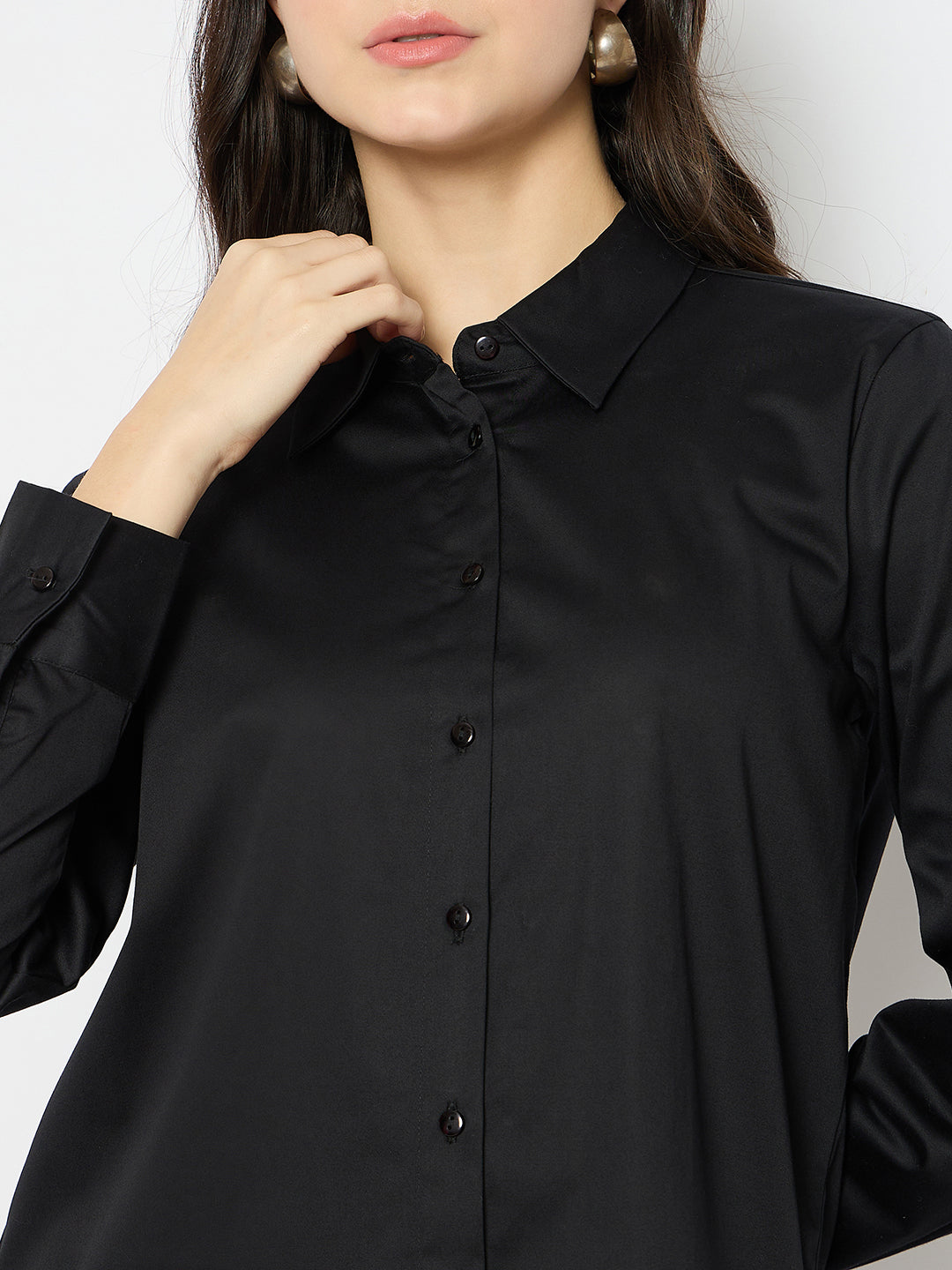 black dress shirt for women Madame Solid Black Cotton Blend Shirt
