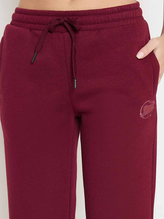 Madame Typography Print Wine Red Cotton Blend Track Bottoms