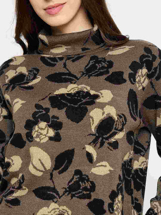 Madame Floral Print Turtleneck Olive Green Sweater