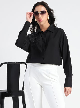 Madame Crushed Tissue Embroidered Black Shirt