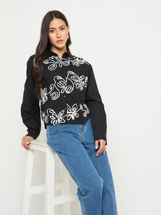 Madame Dori Embroidery Detailed Solid Black Cotton Shirt