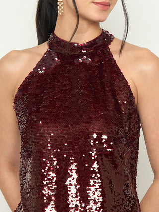 Madame Halter Neck Maroon Bodycon Shimmer Dress