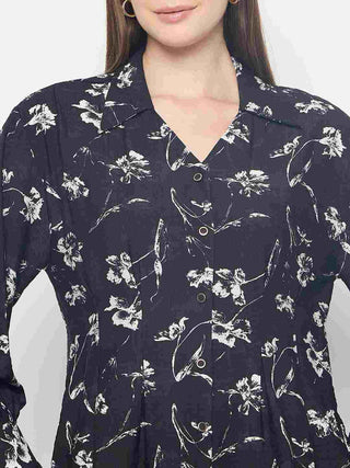 Madame Floral Print Pintuck Detailed Black Shirt
