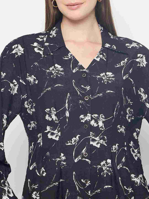 Madame Floral Print Pintuck Detailed Black Shirt