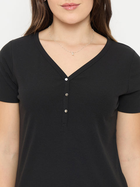 Madame Black V-Neck T-Shirt with Button Placket